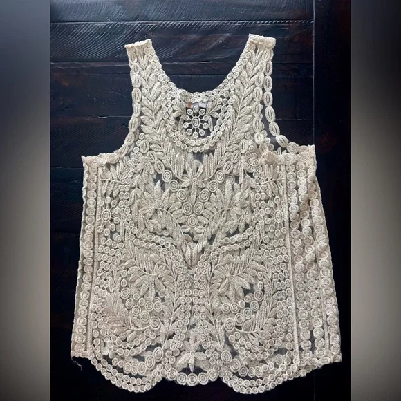 APRICOT Sheer Metallic Sparkle Embroidered Tank Top Fairy Whimsigoth Boho | Sz M - Picture 7 of 16